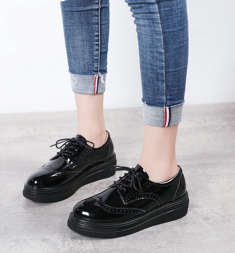 DADAWEN Women's Platform Lace-Up Comfort Wingtips Square Toe Oxford Shoes Brogues Black US Size 8 - Image 2